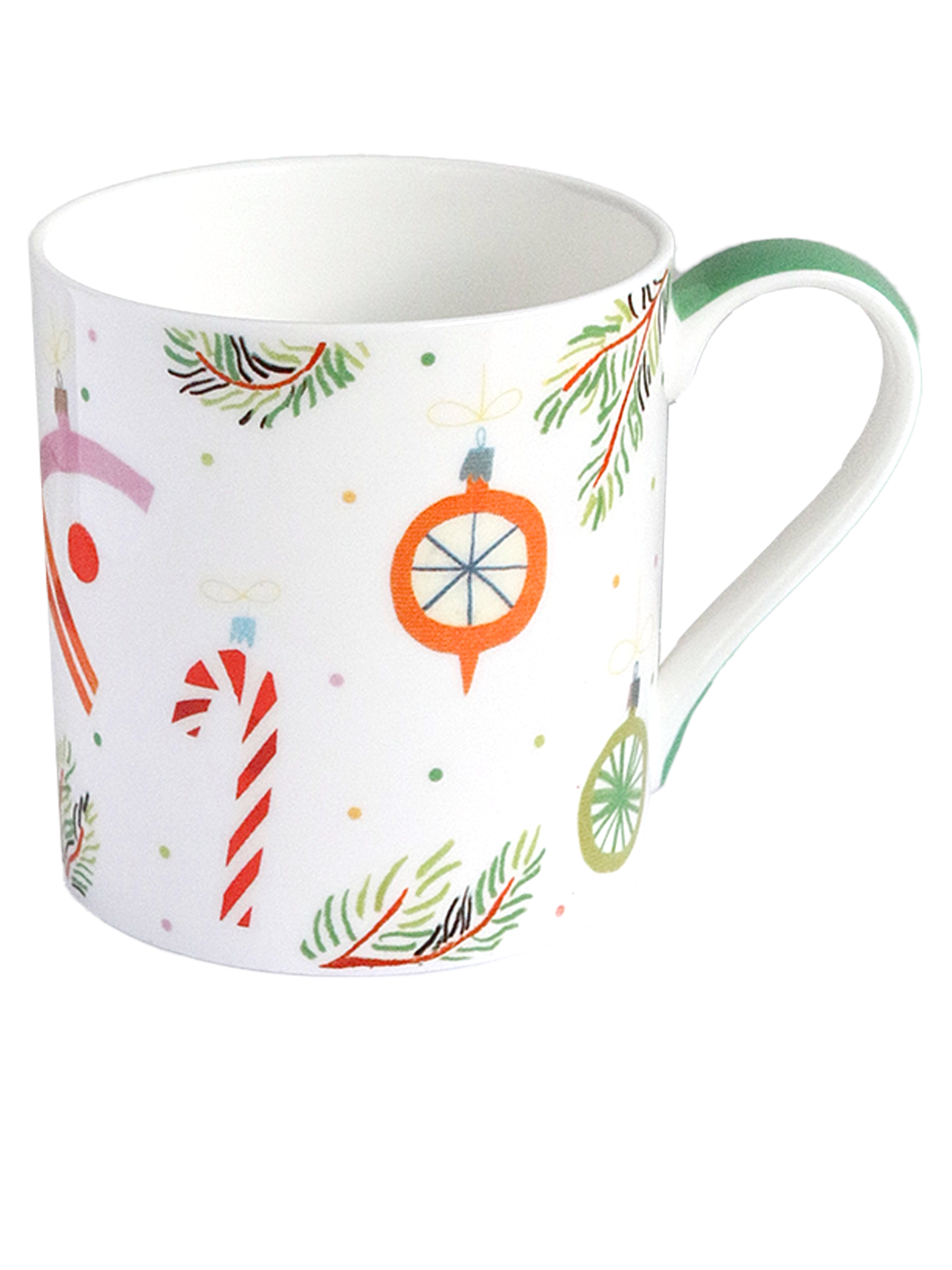 Illustrated Christmas Bauble Mug with Green Handle