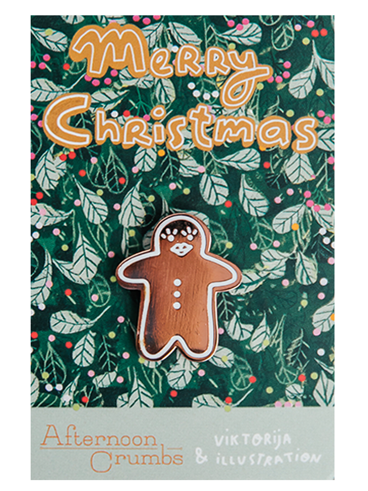 Gingerbread Person Enamel Pin on Illustrated Backer with Merry Christmas Text