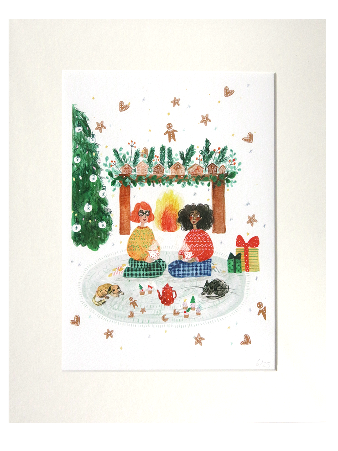 Christmas Illustrated Print Girls by Fireplace- Mounted