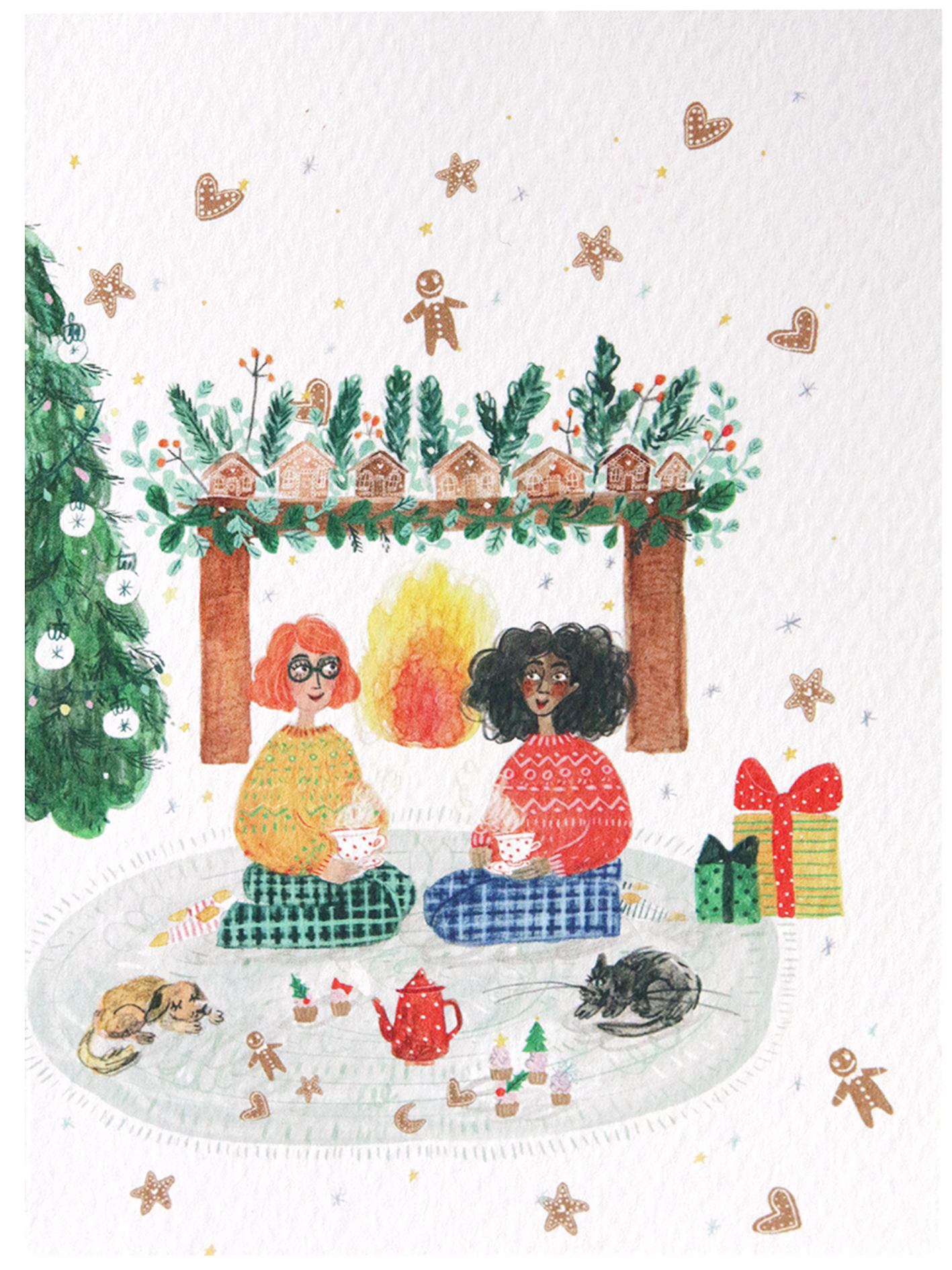 Girls by Fireplace Illustrated Christmas Card