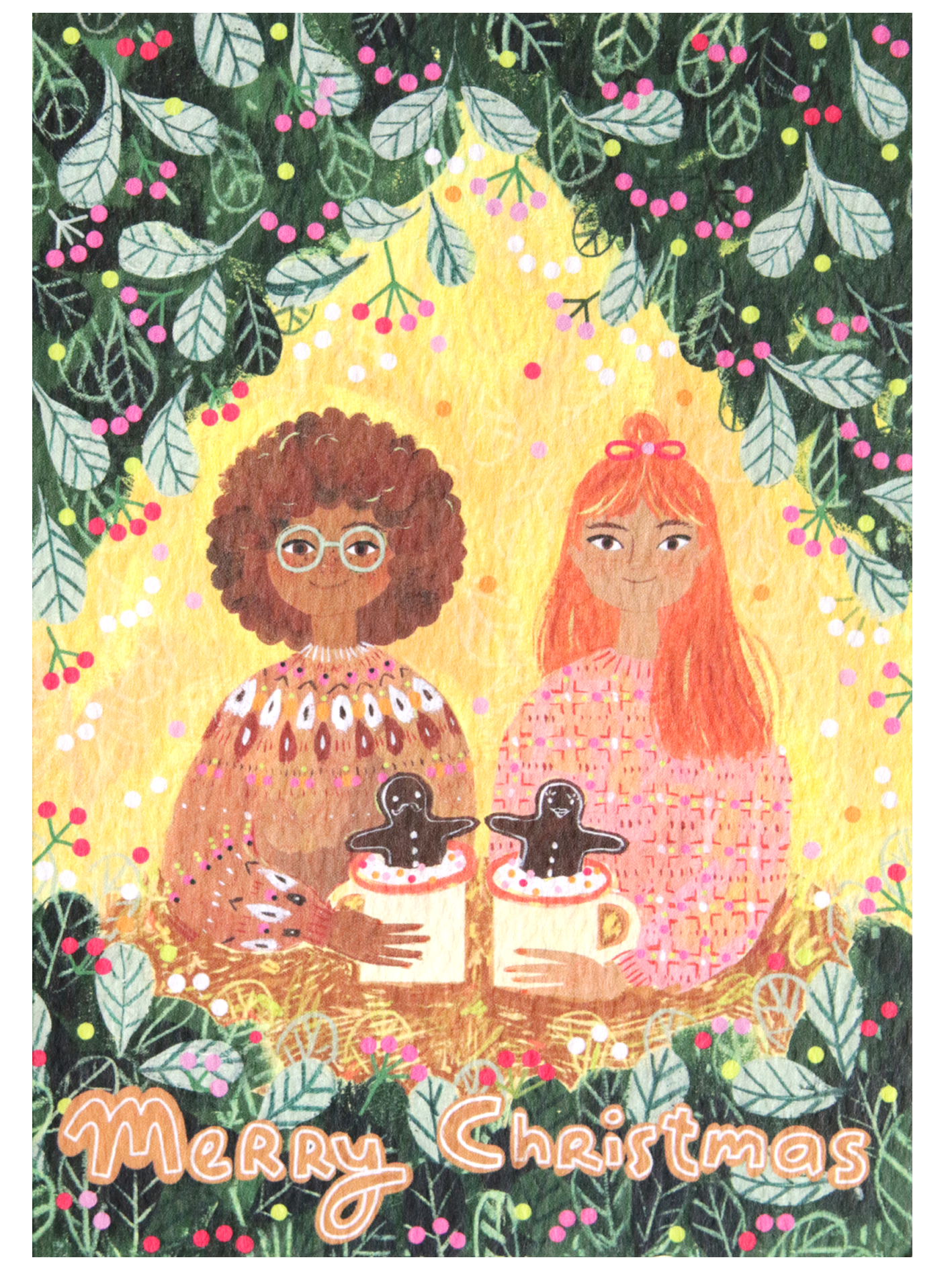 Girls with Gingerbread Mugs Illustrated Christmas Card