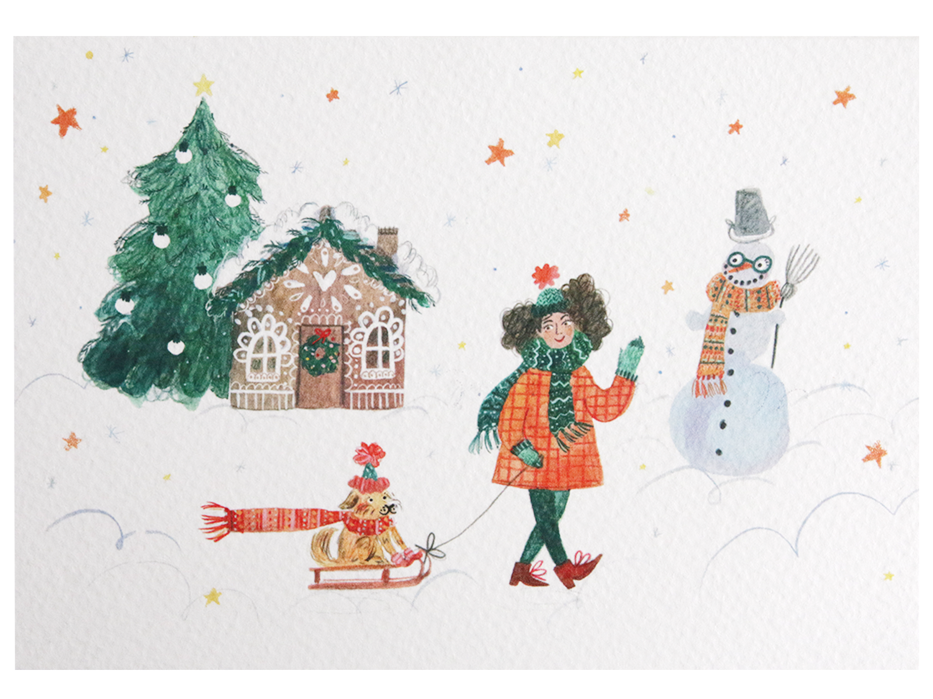 Girl with Dog & Snowman Illustrated Christmas Card