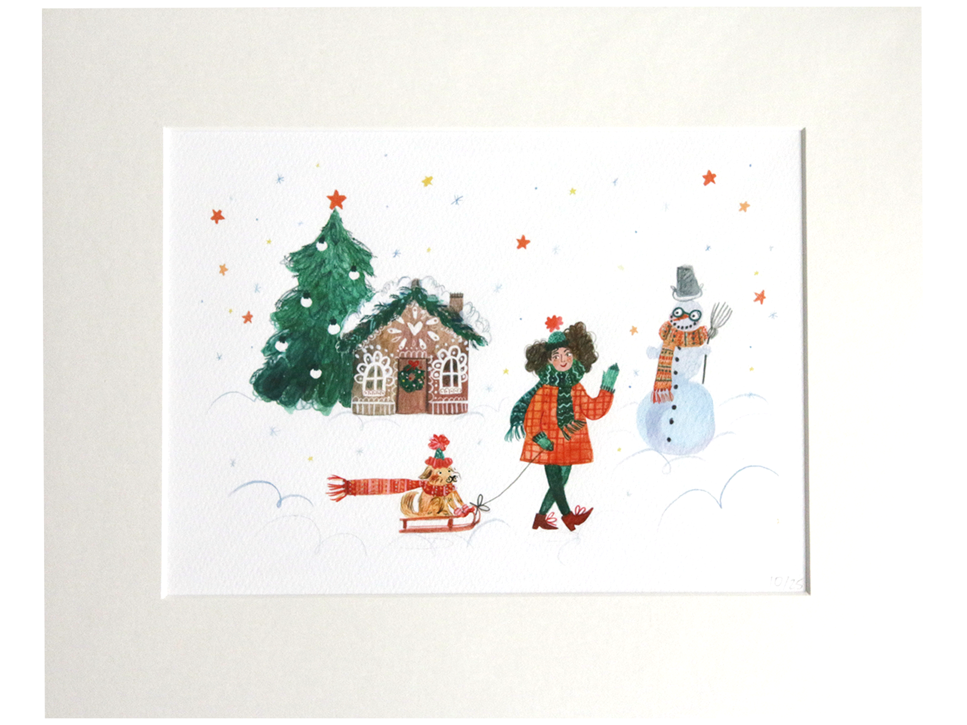 Christmas Illustrated Print Girl with Dog and Snowman - Mounted