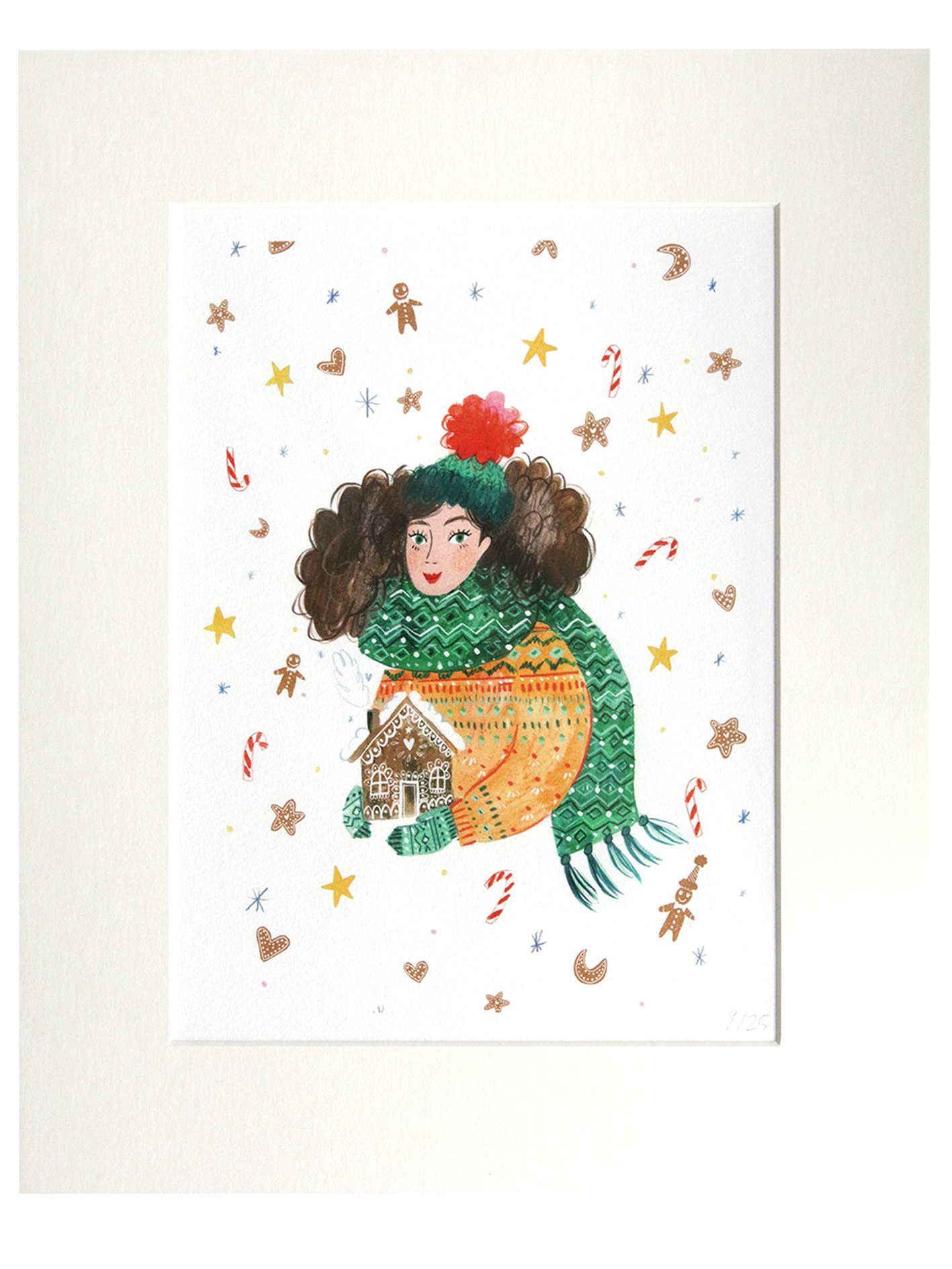 Christmas Illustrated Print Girl with Gingerbread House - Mounted