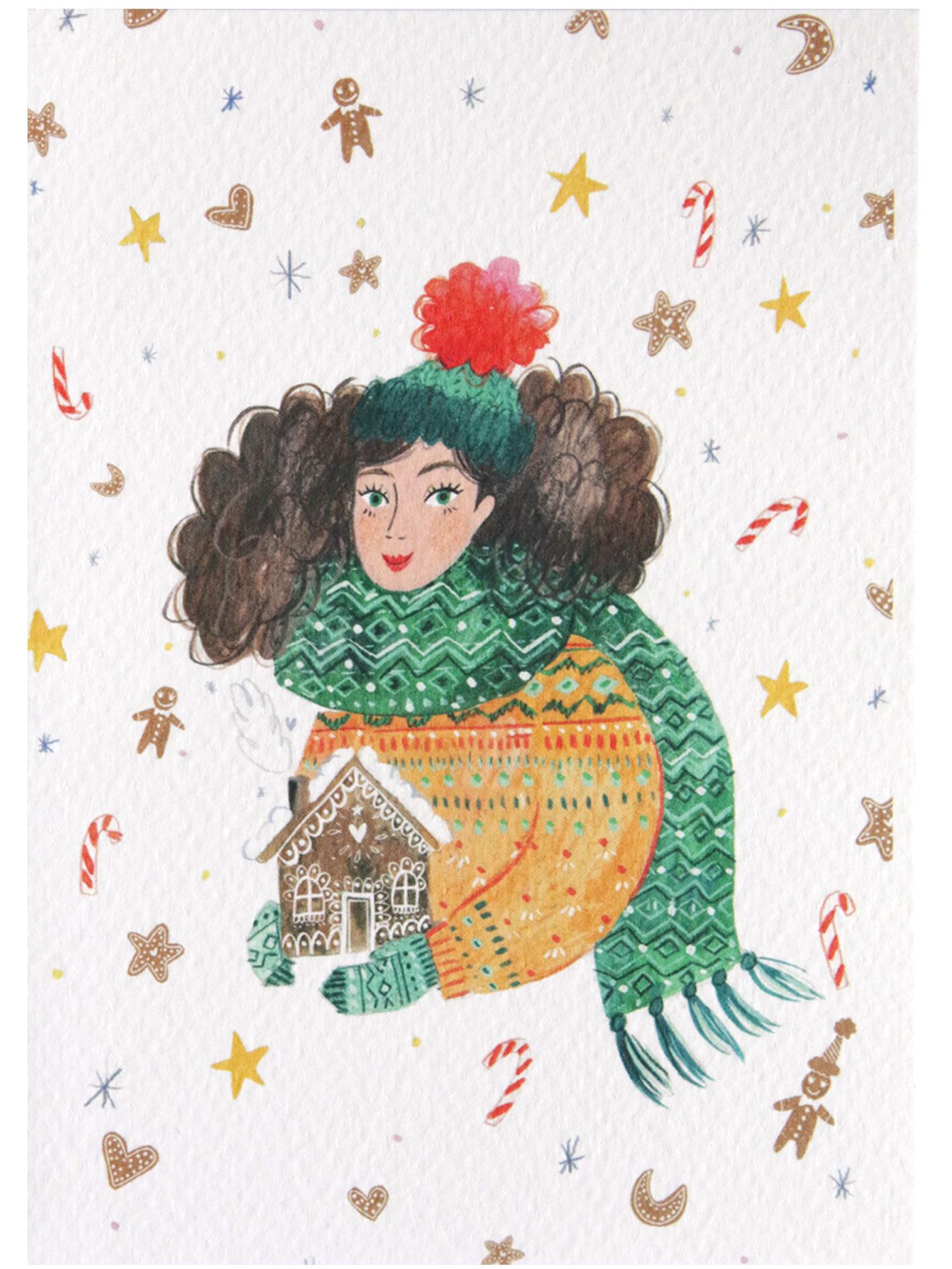Girl with Gingerbread House Illustrated Christmas Card