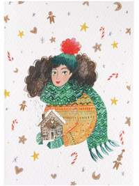 Girl with Gingerbread House Illustrated Christmas Card 