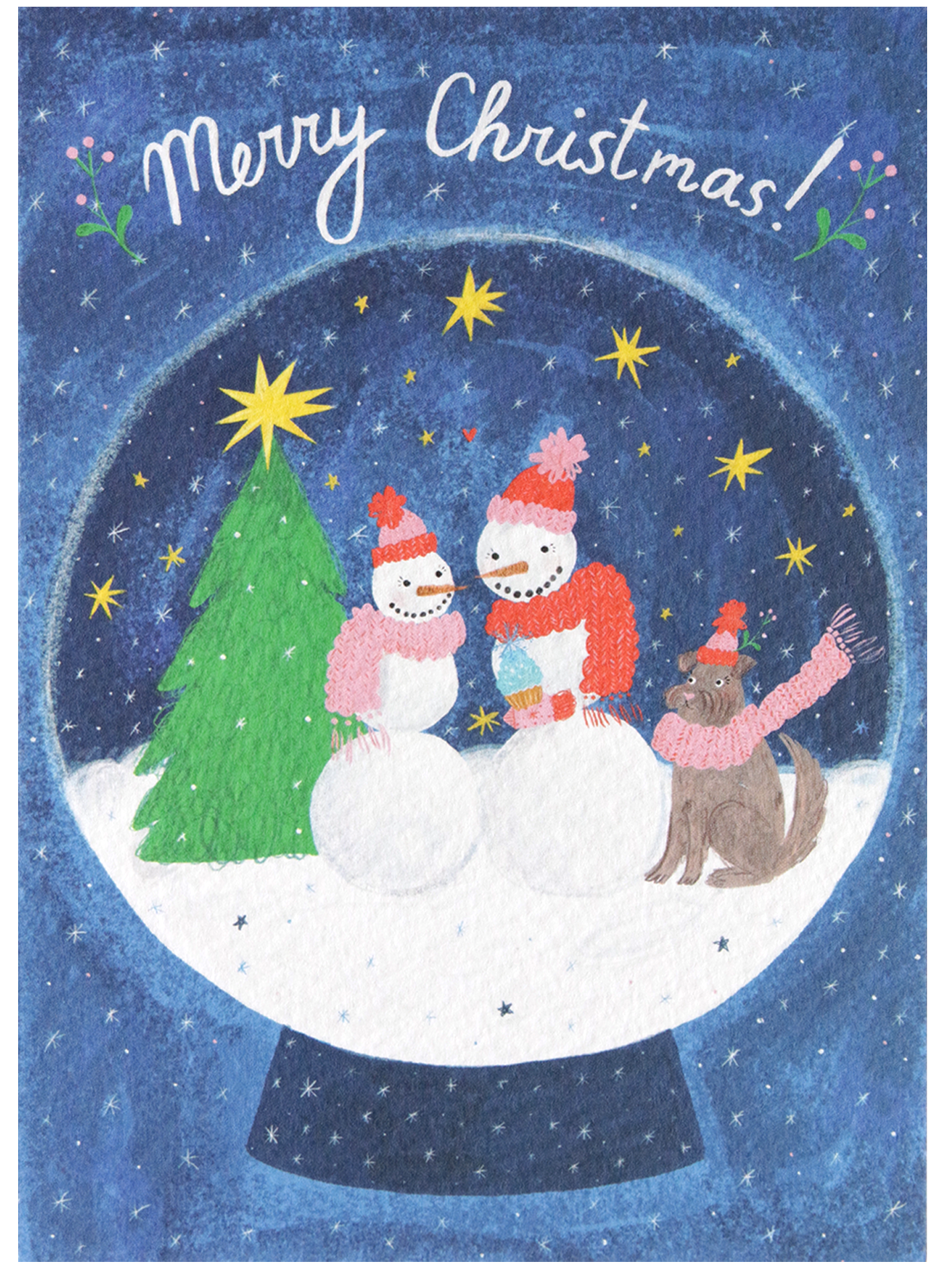 Illustrated Snowpeople Christmas Card with Blue Snowglobe Background