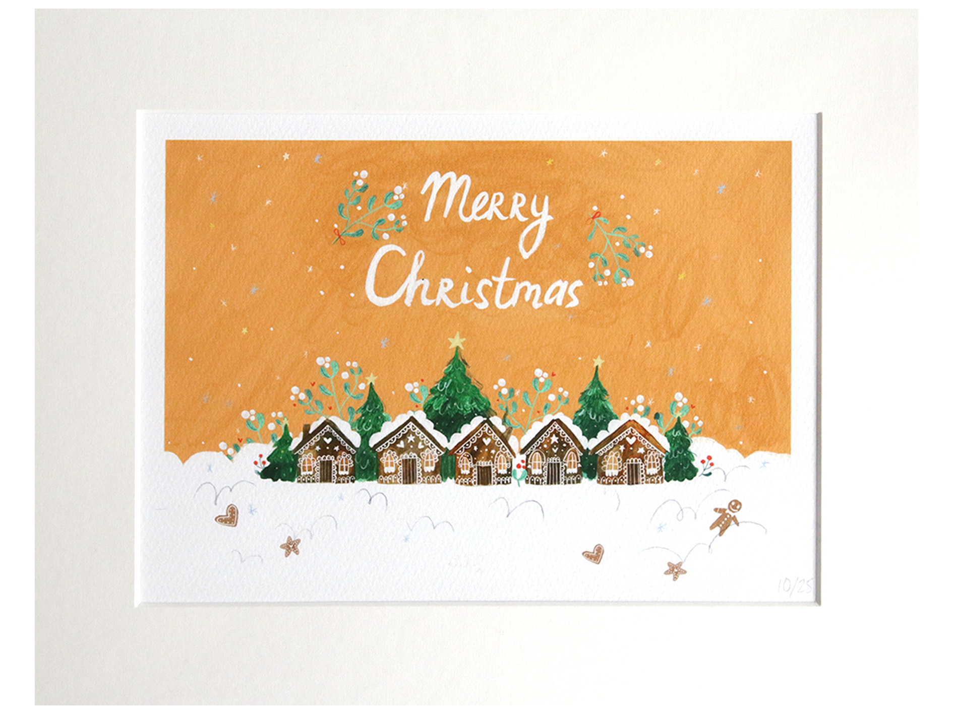 Christmas Illustrated Print Merry Christmas Gingerbread Houses on Orange Sky Background - Mounted