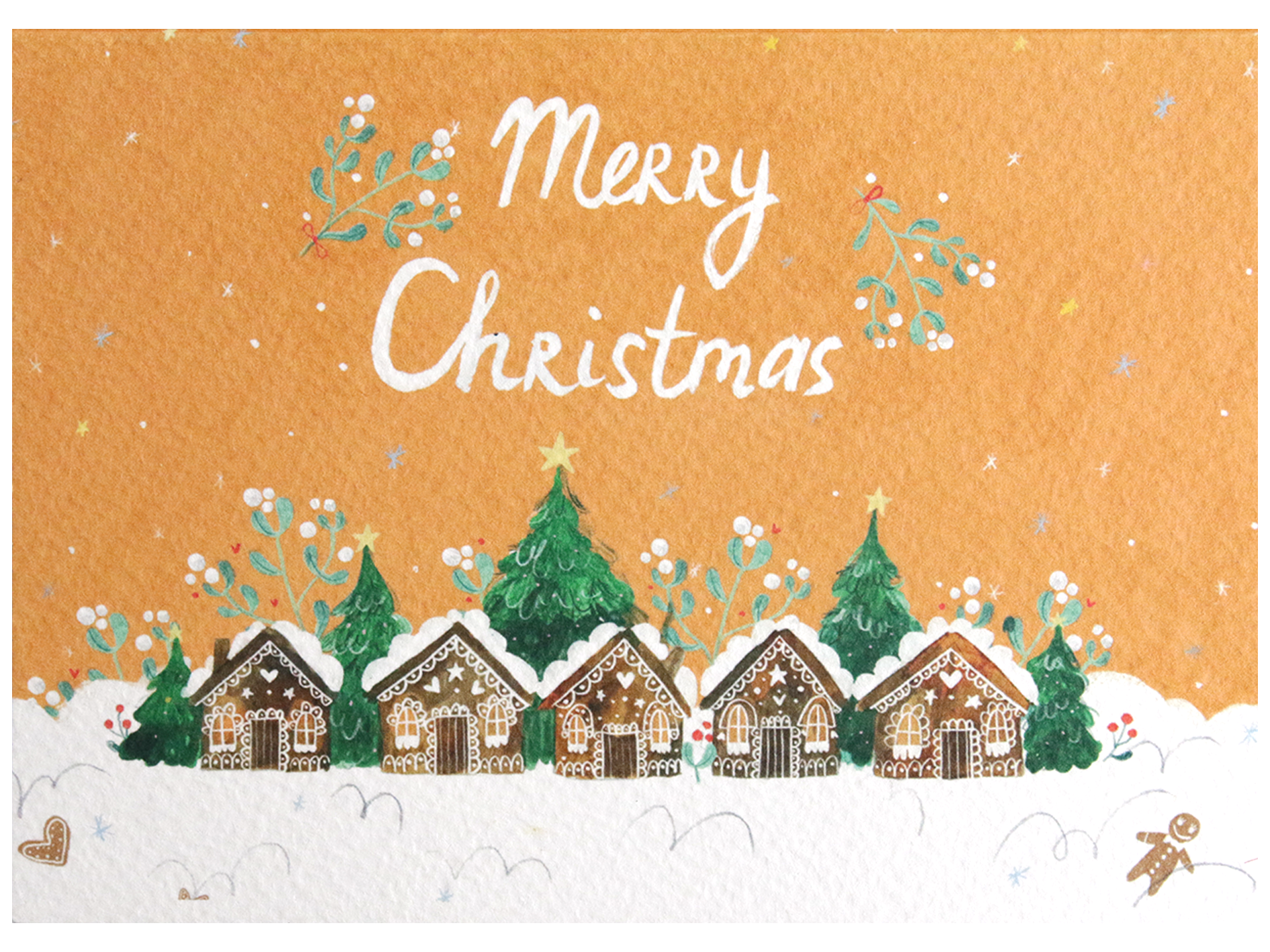 Merry Christmas Gingerbread Houses Illustrated Card with Orange Background