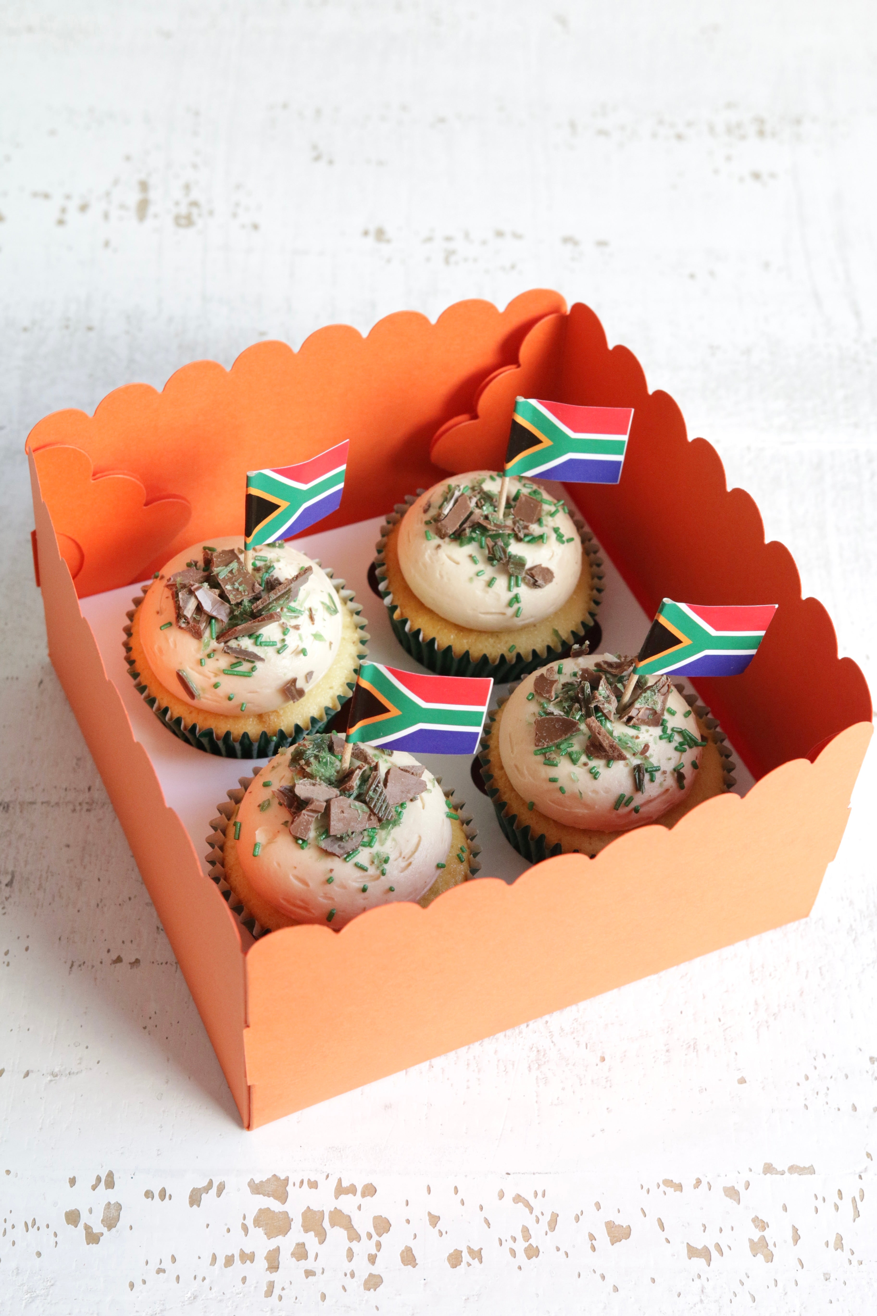 Box of 4 Peppermint Crisp Cupcakes with South African Flags