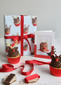 Reindeer Cake Card with Reindeer Cupcake Wrapping Paper, Cupcakes and Ribbon