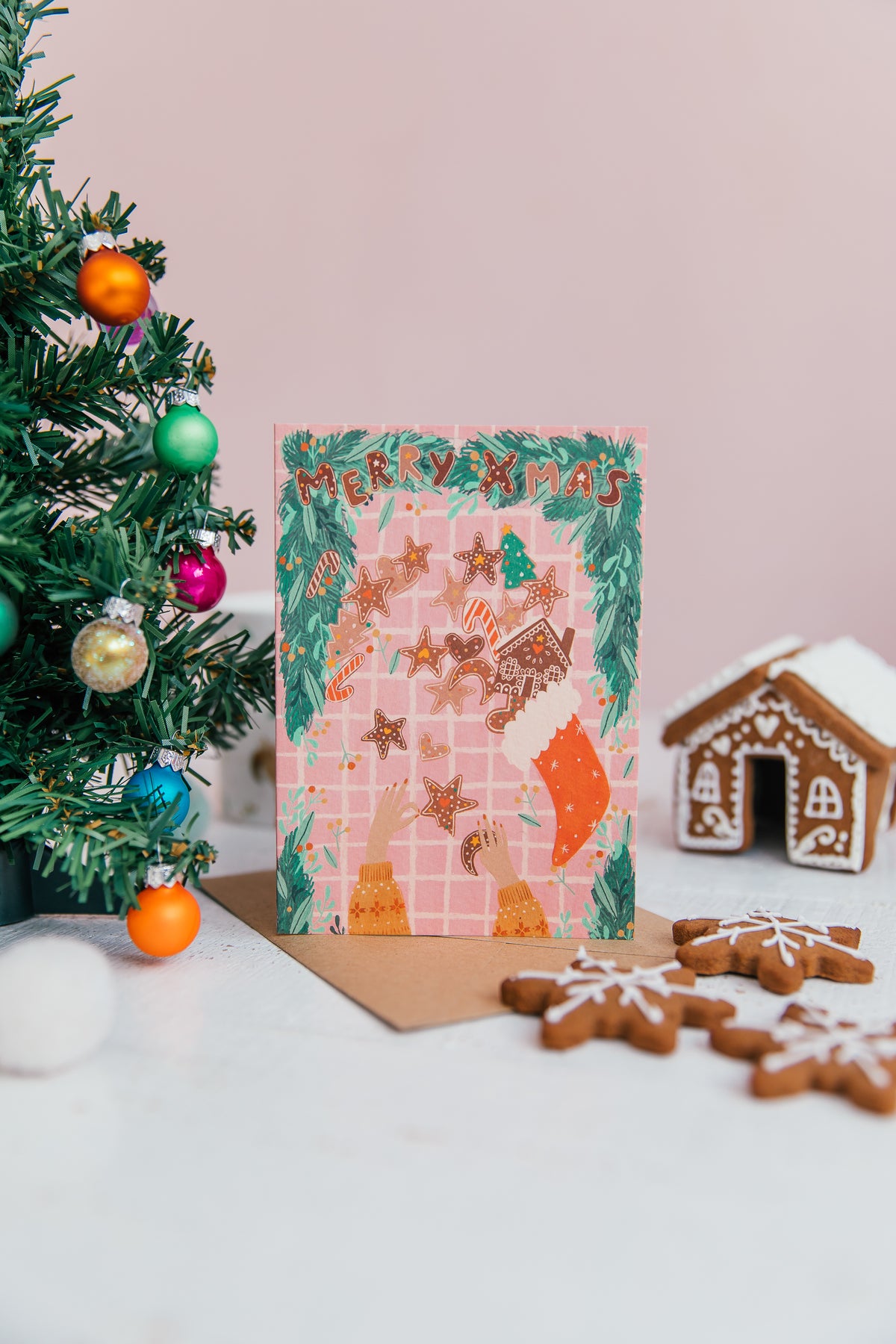 Stocking Card with Tree and Gingerbread House