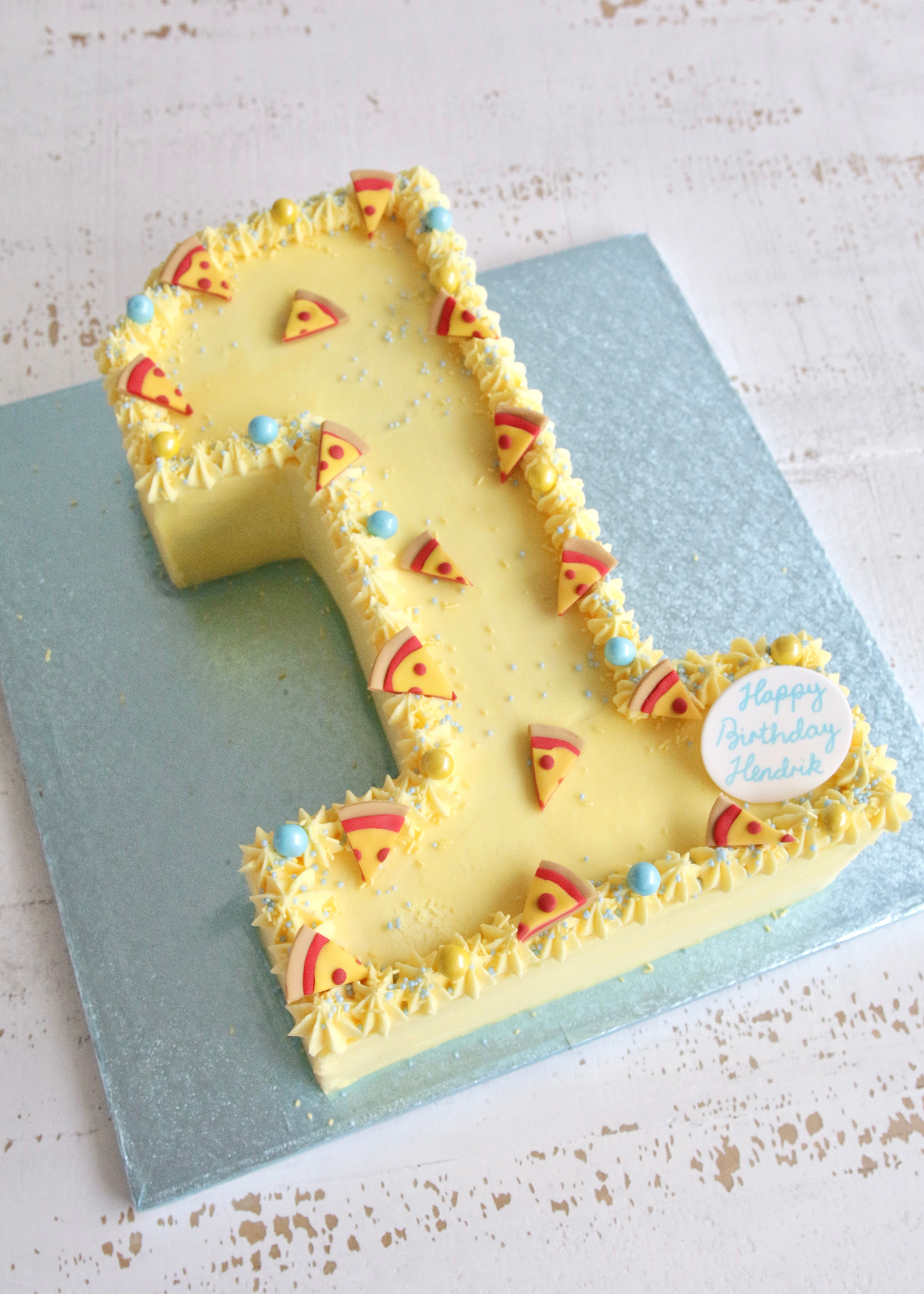 Yellow Buttercream Number 1 Pizza Birthday Cake