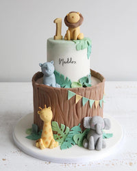 1st Birthday Fondant Two Tier Pastel Jungle Safari Log Cake
