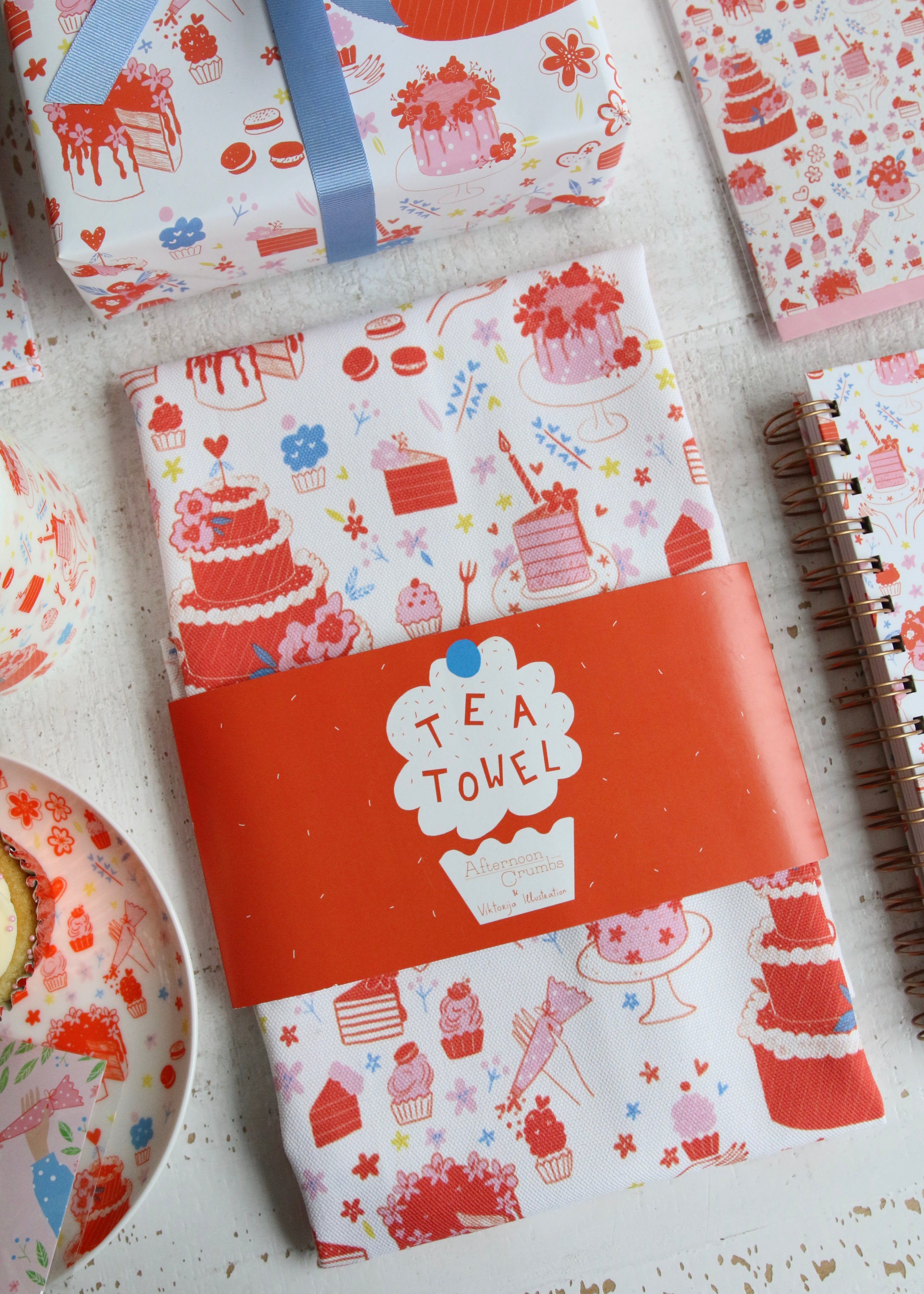 Illustrated Tea Towel Featuring Cake & Cupcakes with Collection