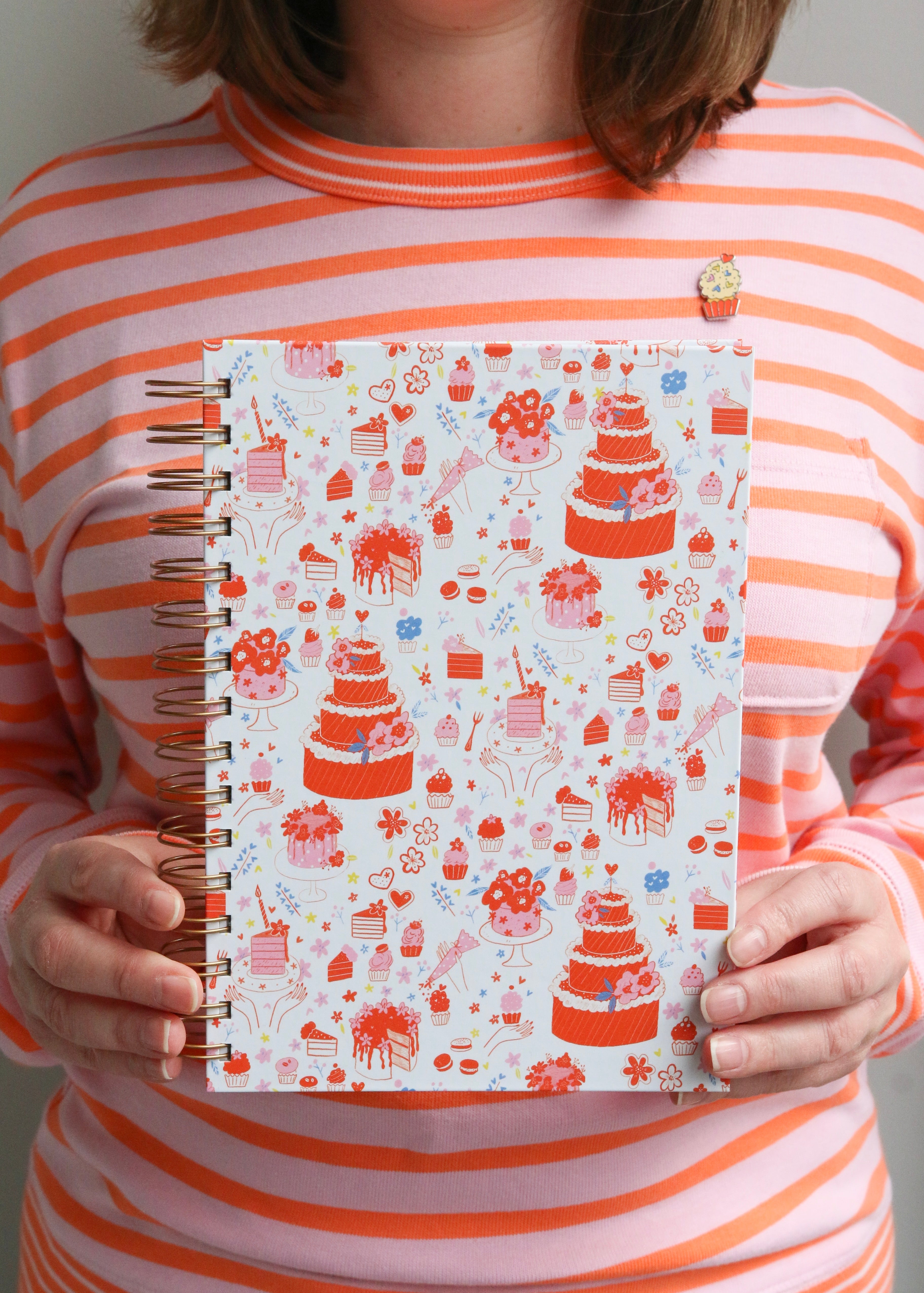 Illustrated Notebook Featuring Cake & Cupcakes with Sweater & Pin