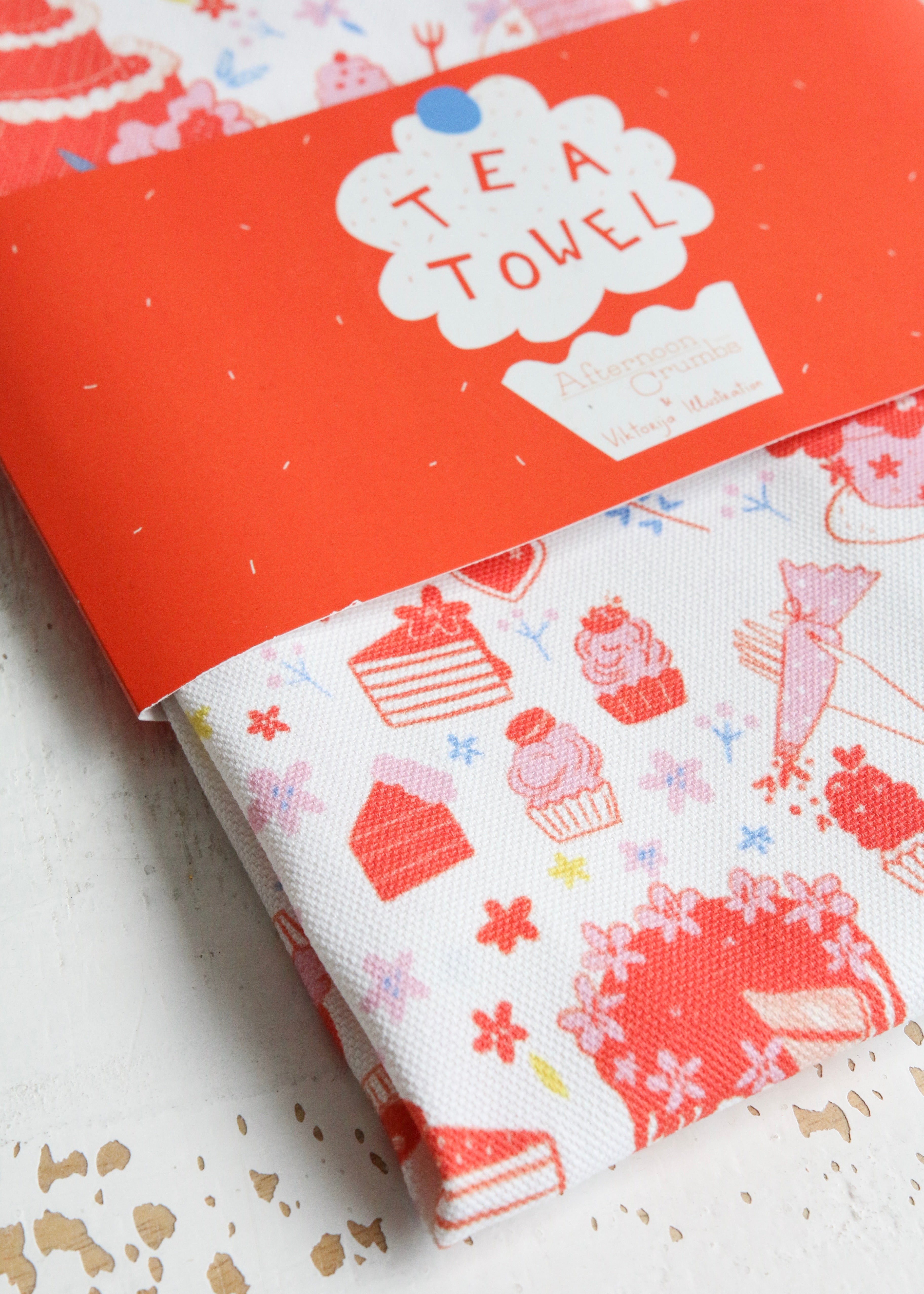 Illustrated Tea Towel Featuring Cake & Cupcakes Close Up