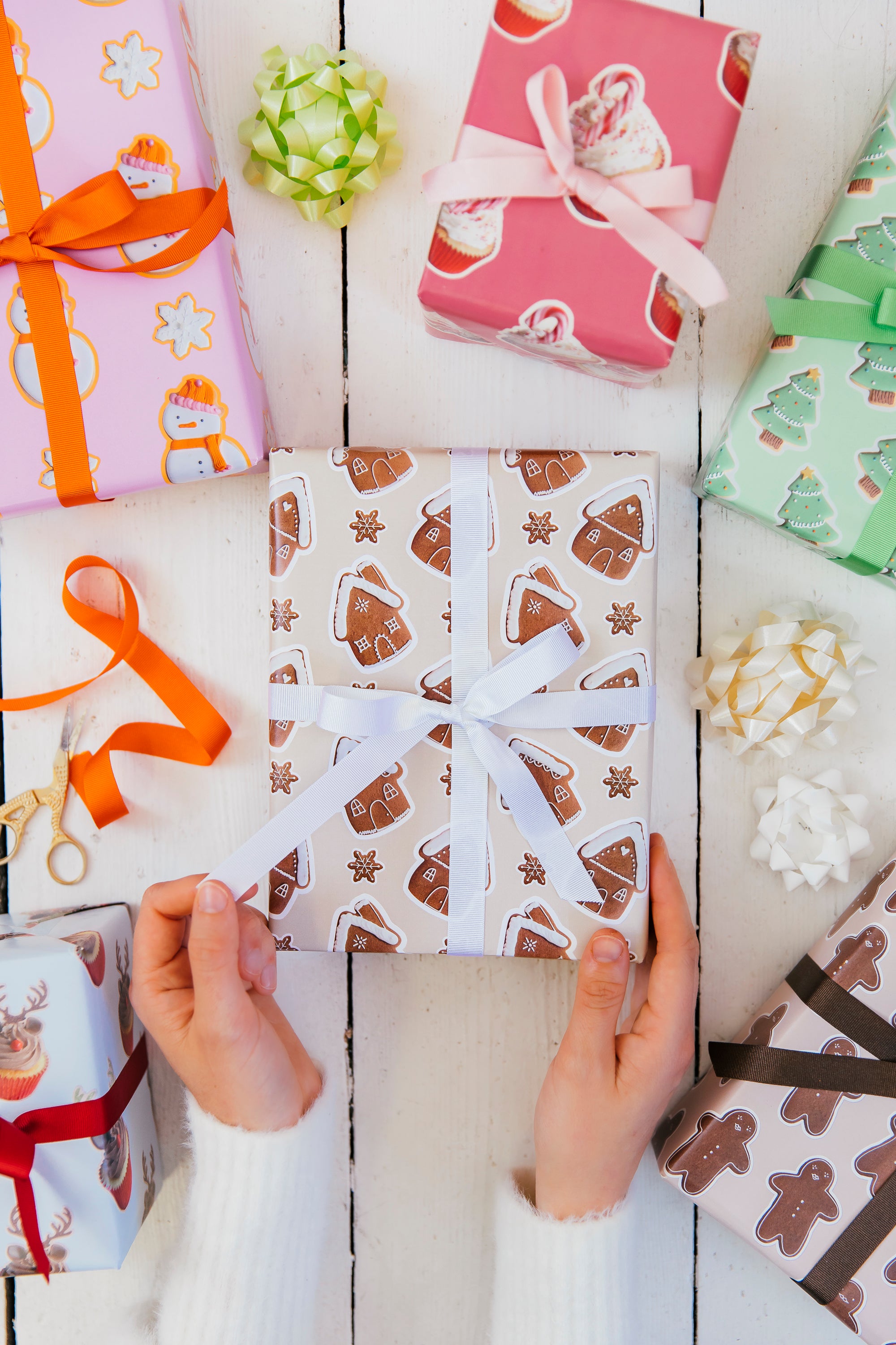 Afternoon Crumbs Gingerbread House Christmas Wrapping Paper Flay Lay Tying Bow