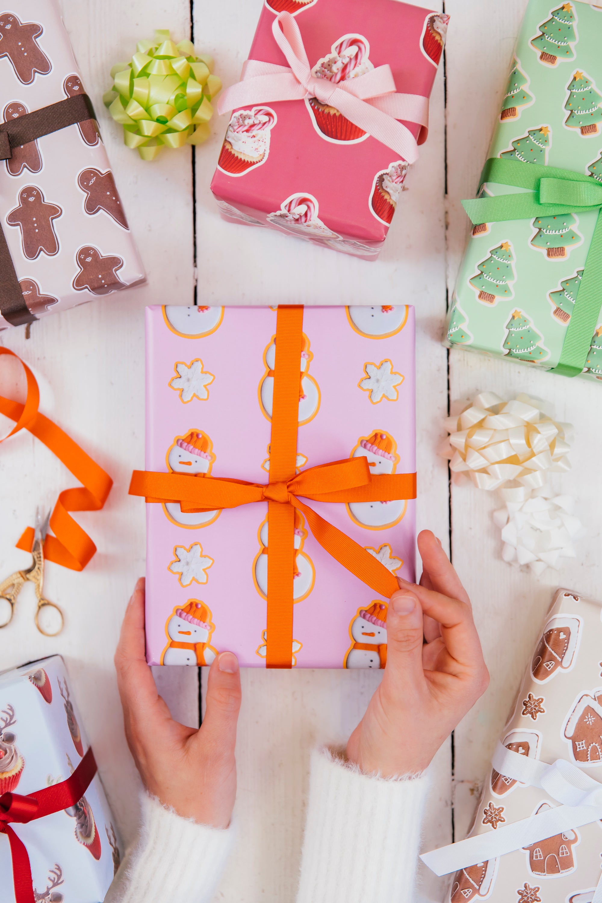 Afternoon Crumbs Snowman Christmas Wrapping Paper Flay Lay Tying Bow