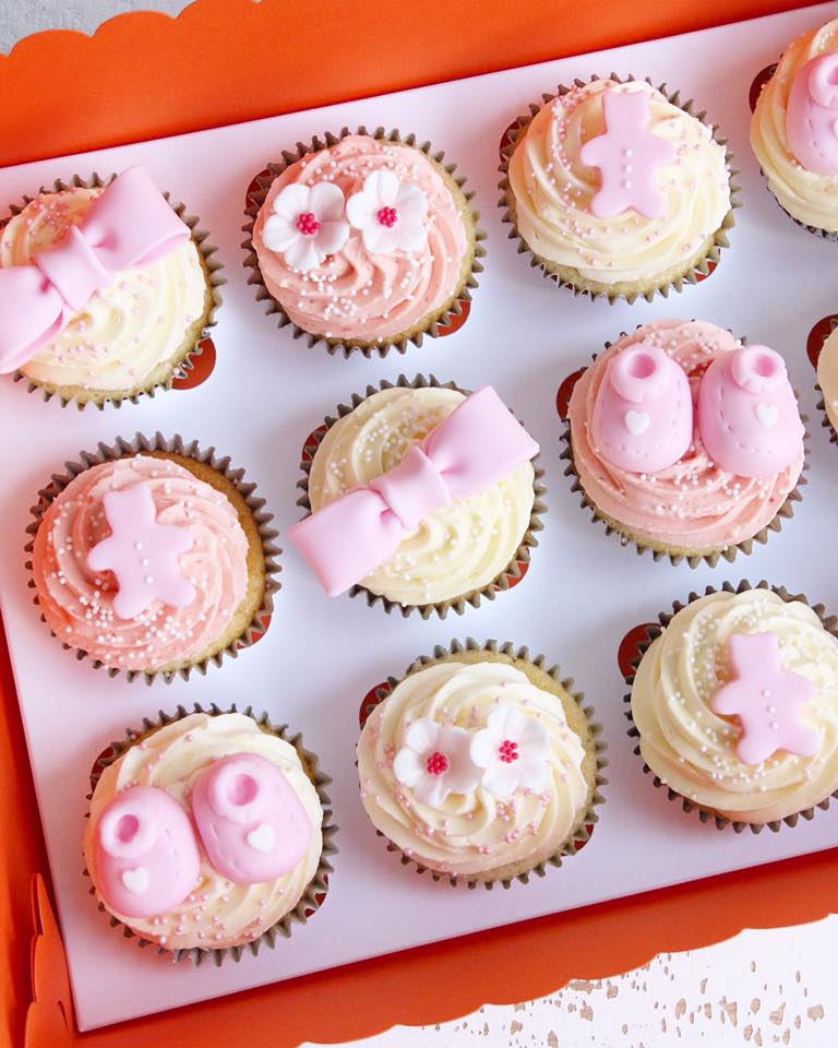 Box of Pink Girl Baby Shower Cupcakes