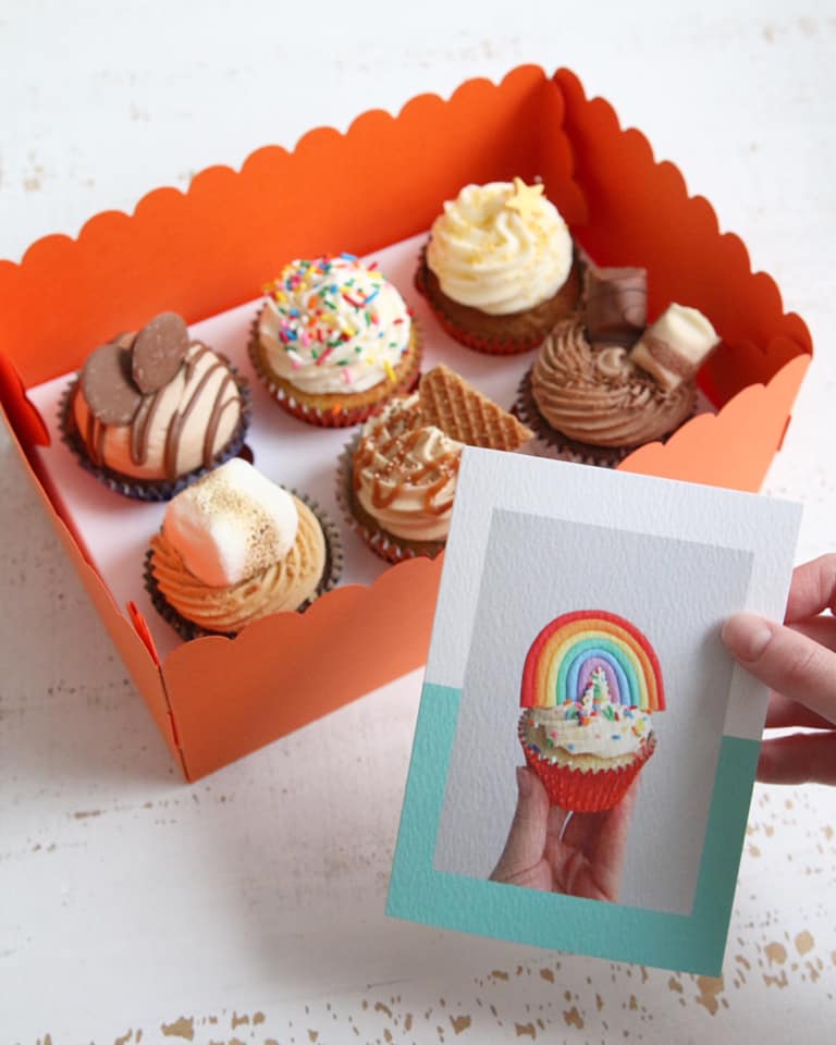 Box of Mixed Cupcakes with Rainbow Cupcake Photo Card