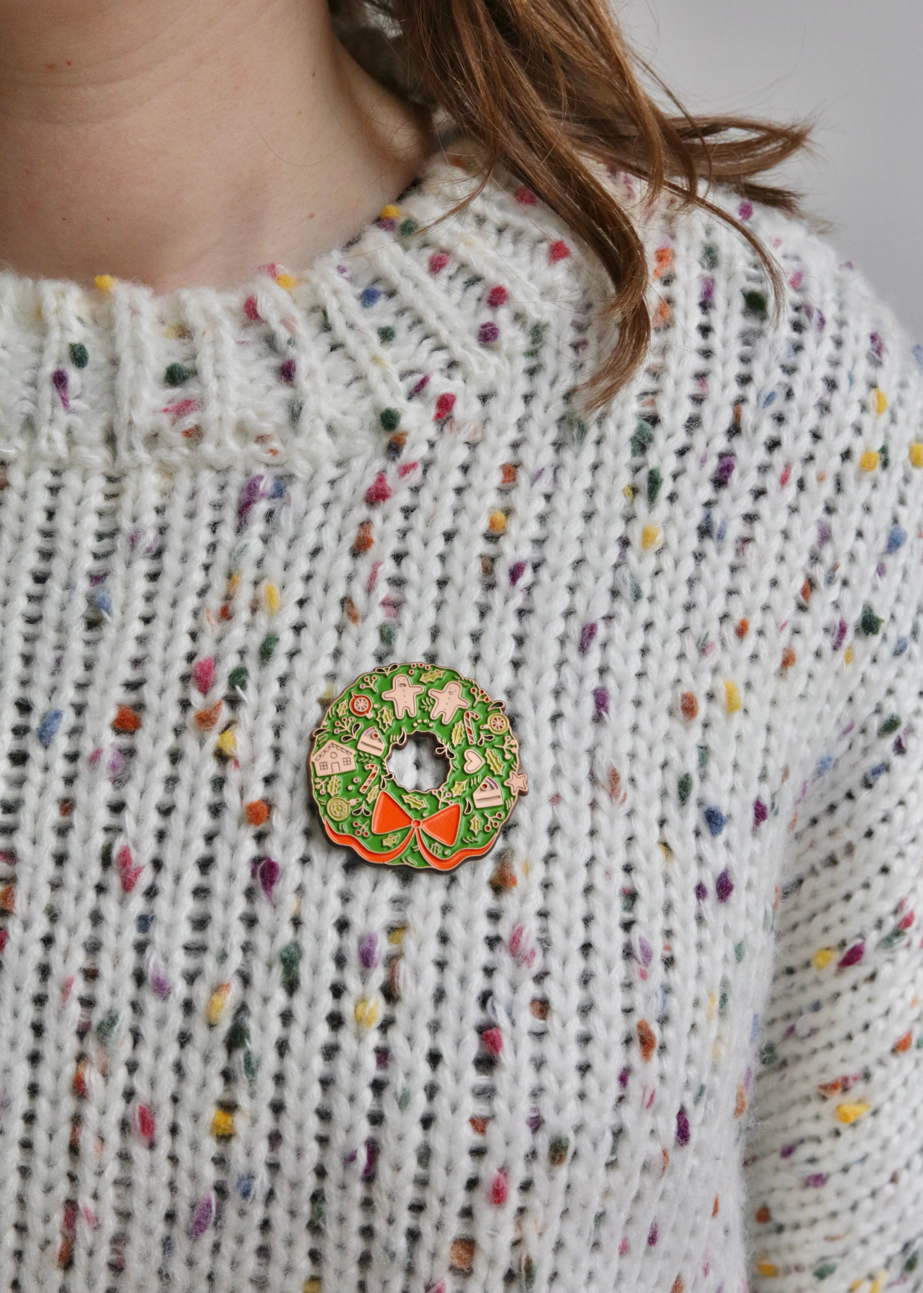 Enamel Christmas Wreath Broach on Jumper