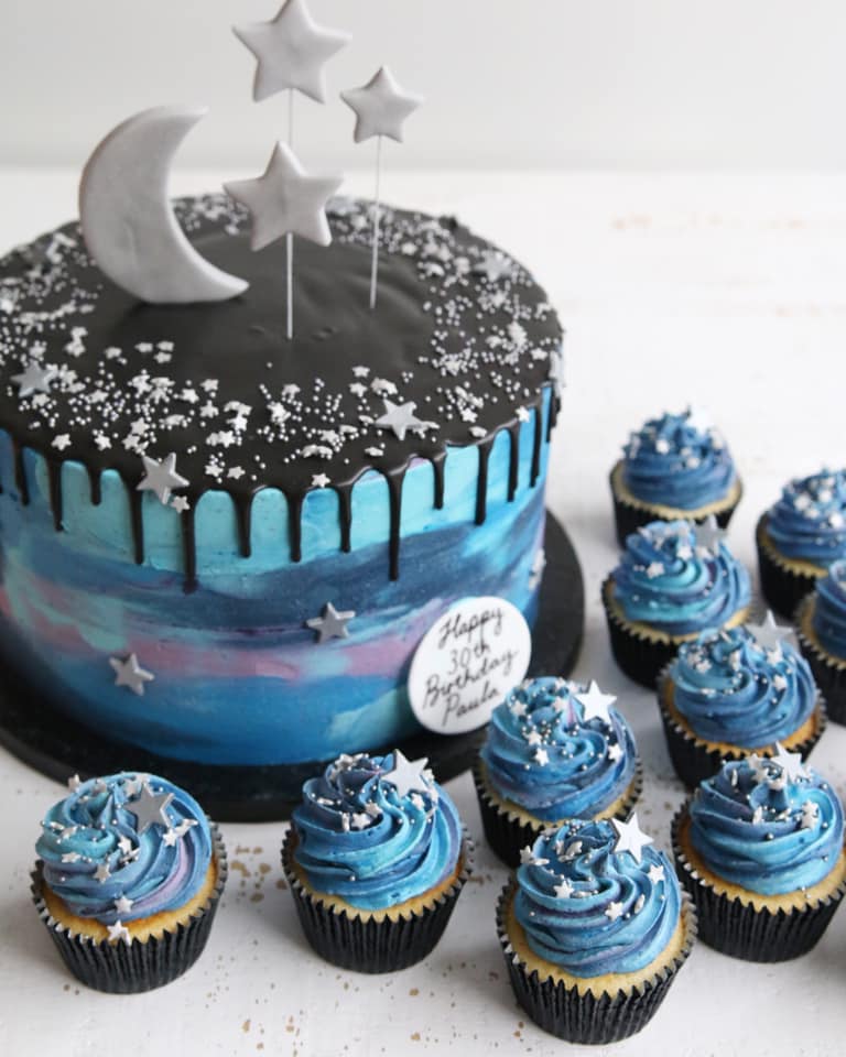 Galaxy Buttercream Drip Cake & Cupcakes