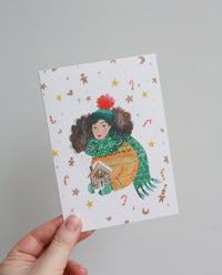 Girl with Gingerbread House Christmas Card