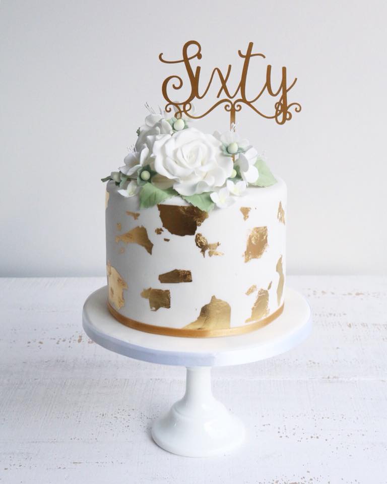 60th Birthday Gold Leaf & Flowers Cake
