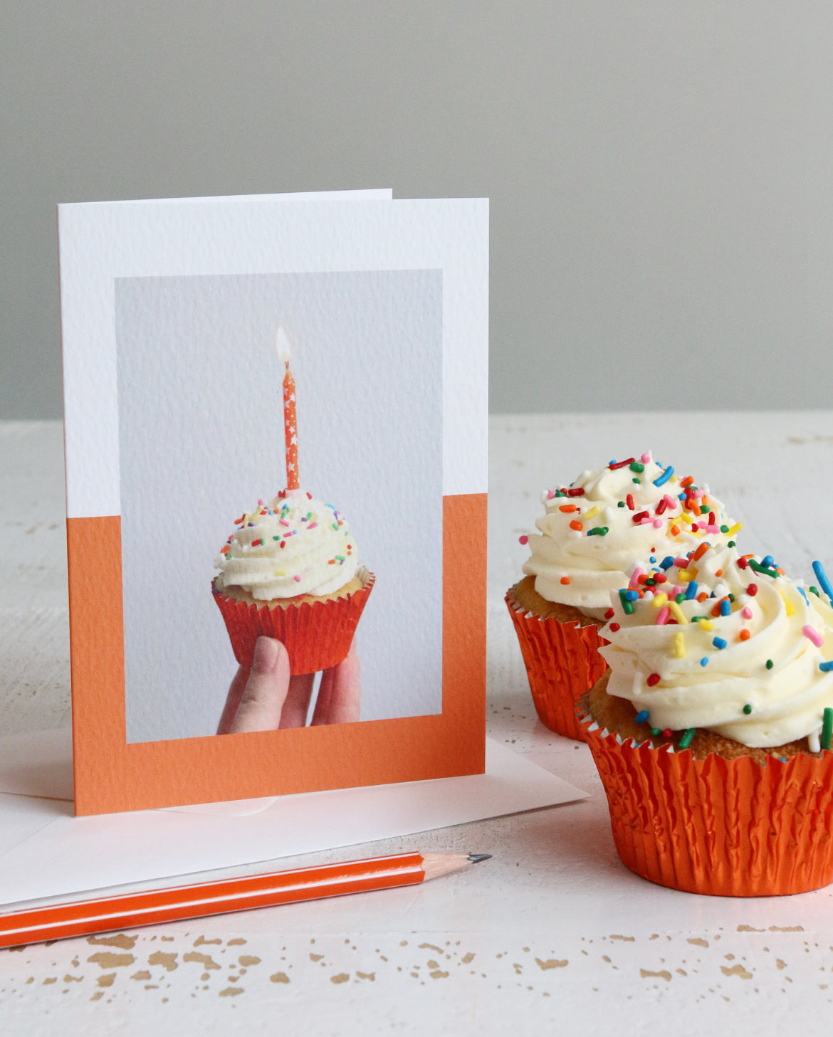 Orange Cupcake Photo Card with Pencil and Cupcakes