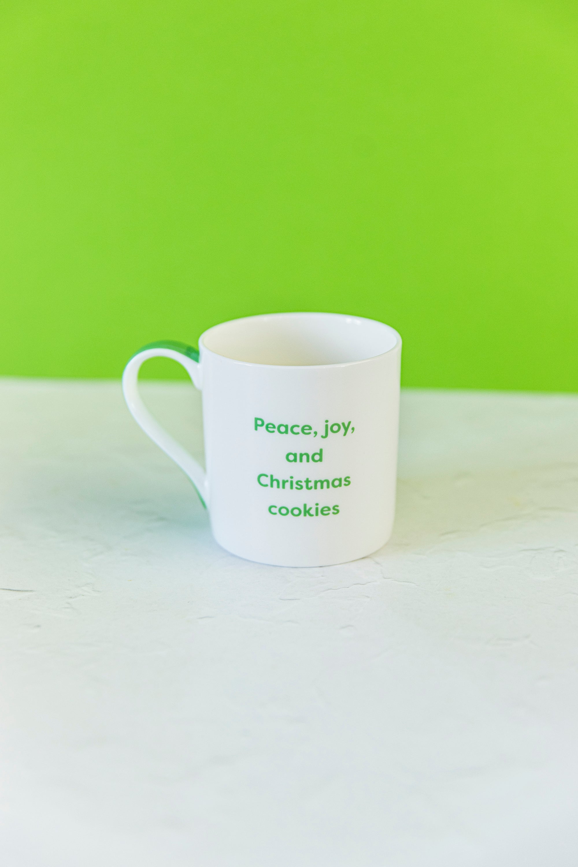 Peace Joy Christmas Cookies Mug Green Handle.jpg