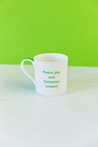 Peace Joy Christmas Cookies Mug Green Handle.jpg