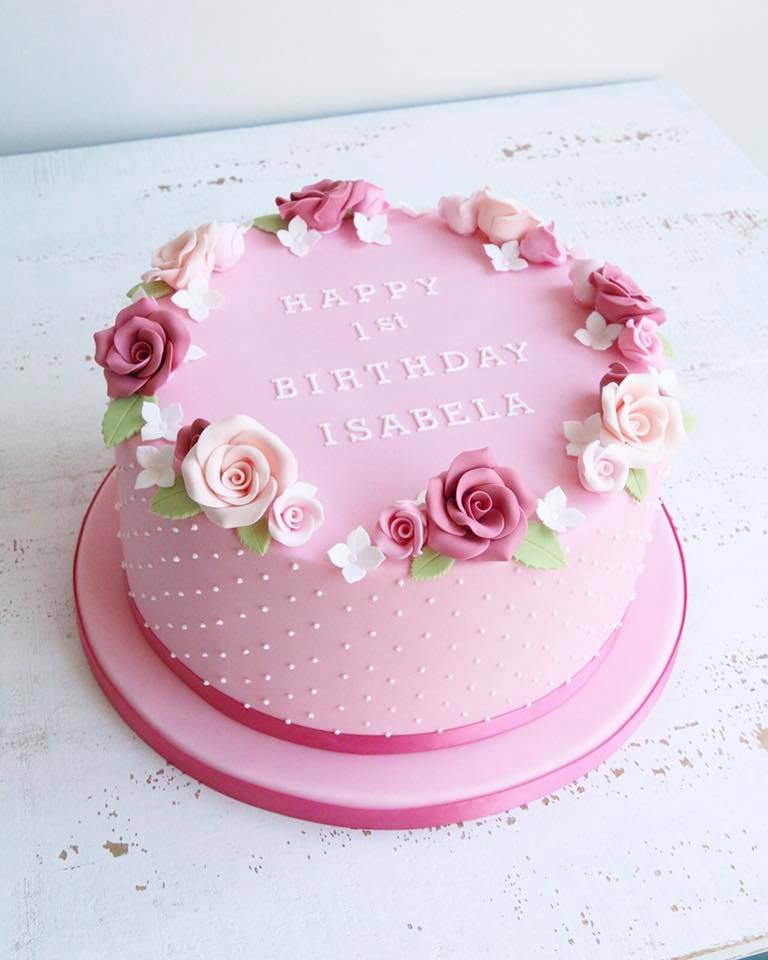 Pink Rose Fondant 1st Birthday Cake