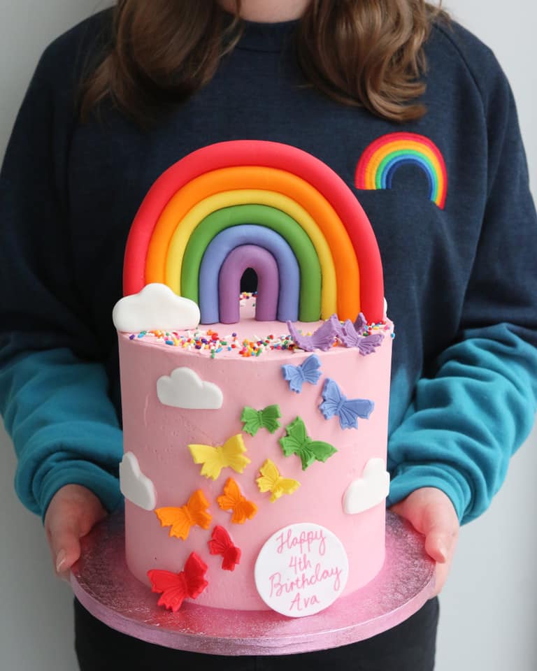 Pink Rainbow Butterflies Clouds Buttercream Cake
