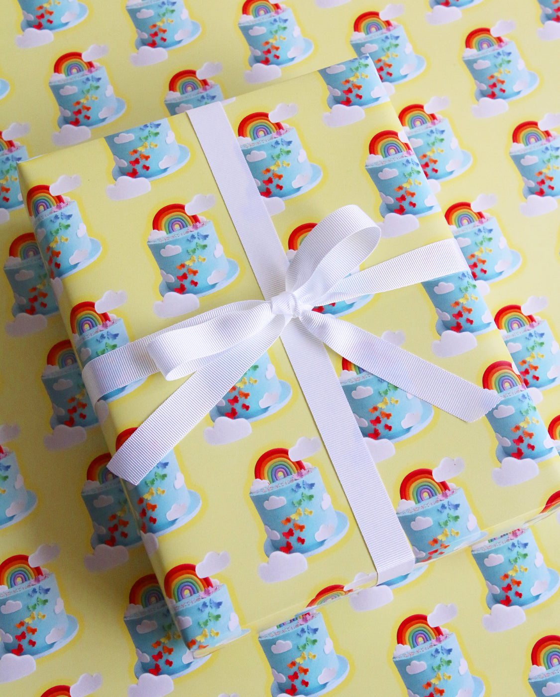 Rainbow Cake Wrapping Paper tied with Ribbon at angle