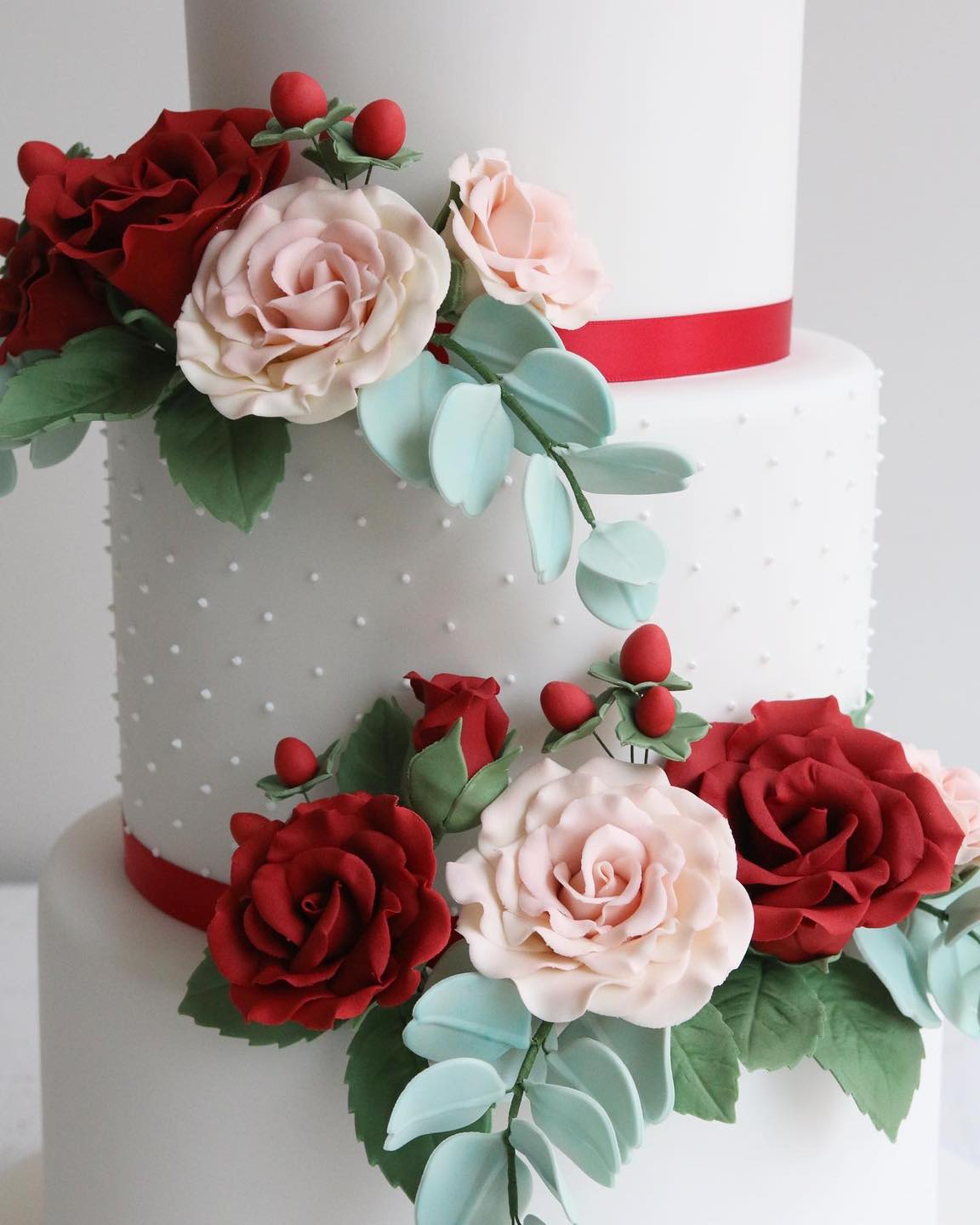 White Wedding Cake with Red & Pink Roses Close Up