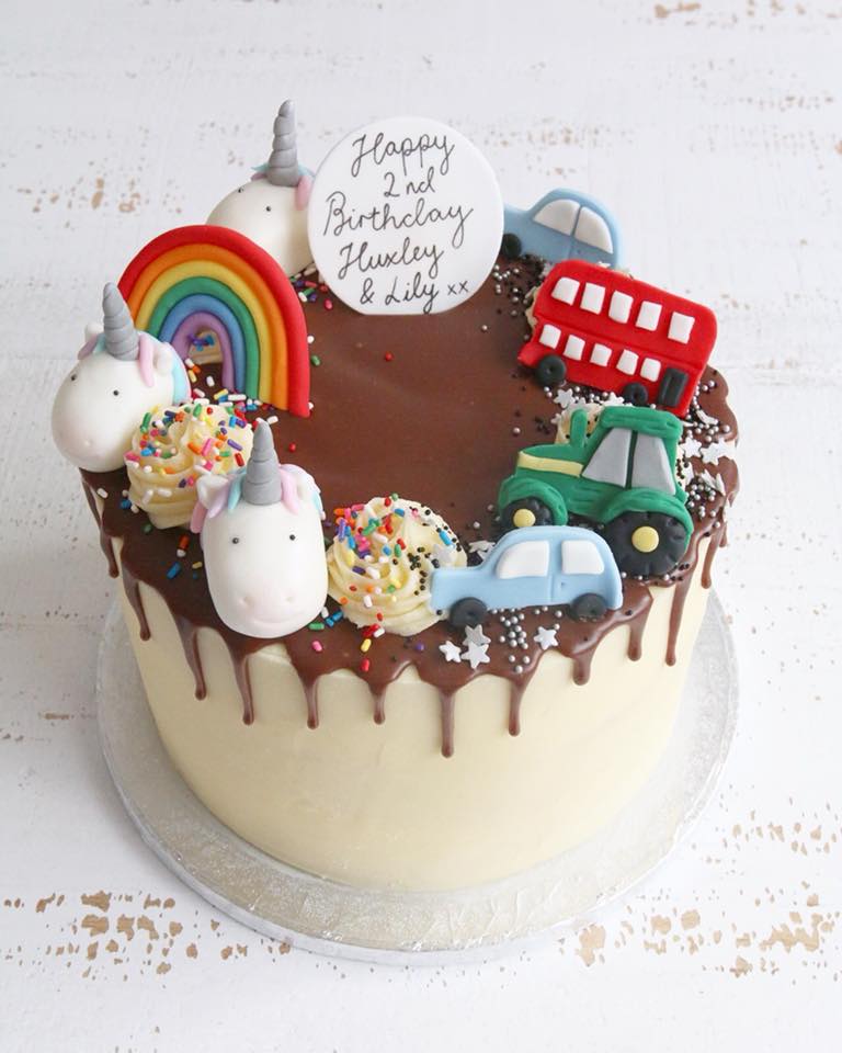Unicorns and Vehicles Twins Drip Cake