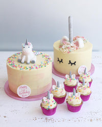 Unicorn Face Cake, Unicorn Figure Cake and Unicorn Cupcakes