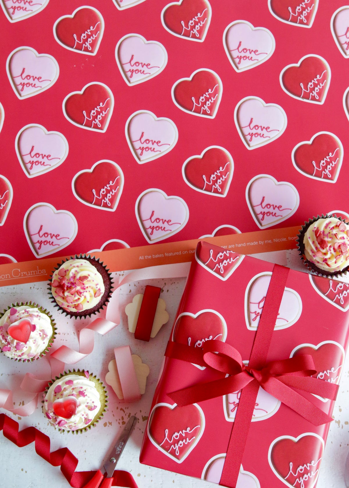 Valentine's Love You Biscuit Wrapping Paper Flat Lay
