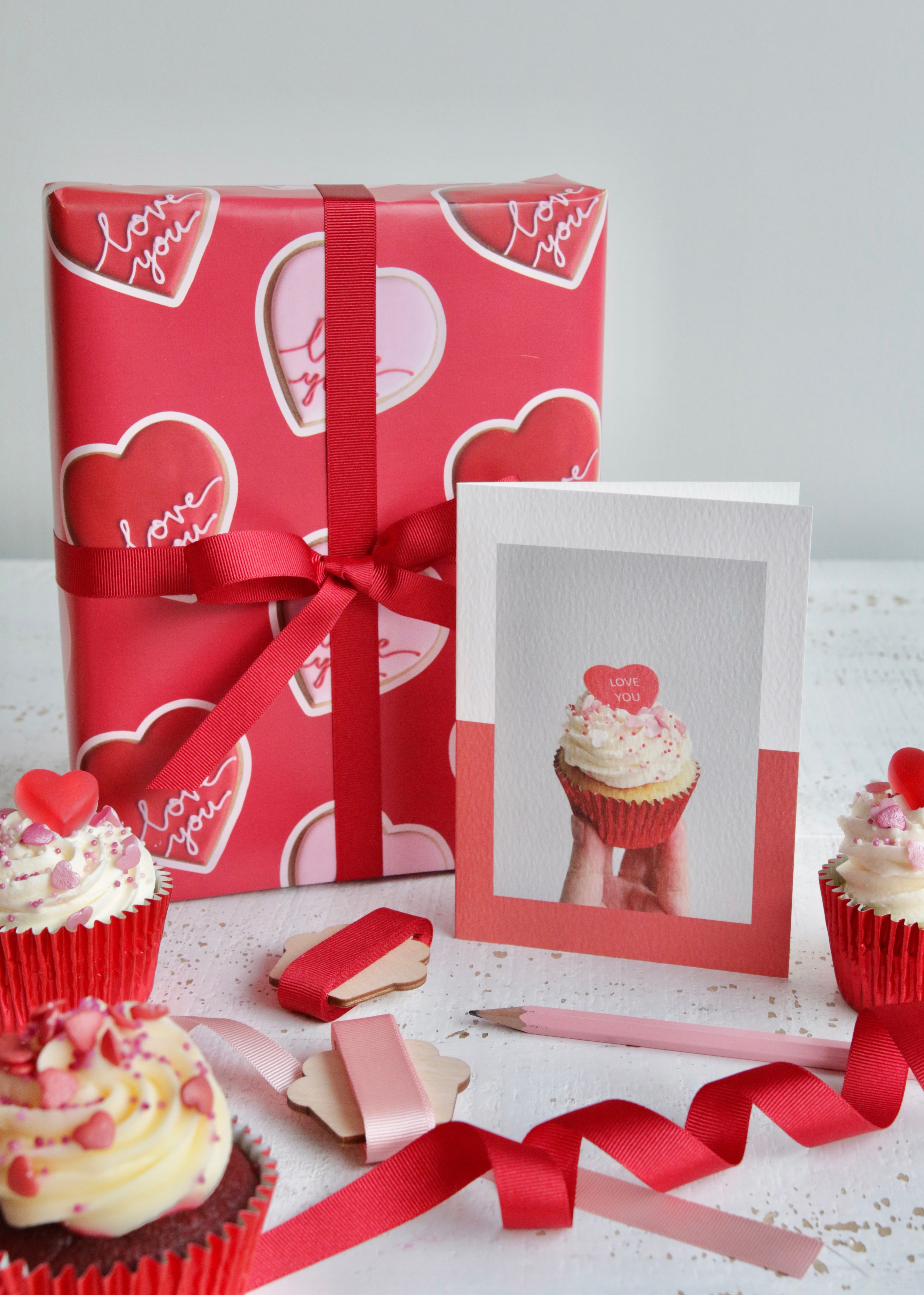 Valentine's Love You Biscuit Wrapping Paper with Love You Cupcake Card