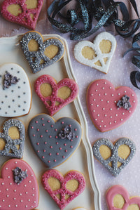 Pink, Grey and White Heart Biscuits and Peace Sign Heart Biscuits