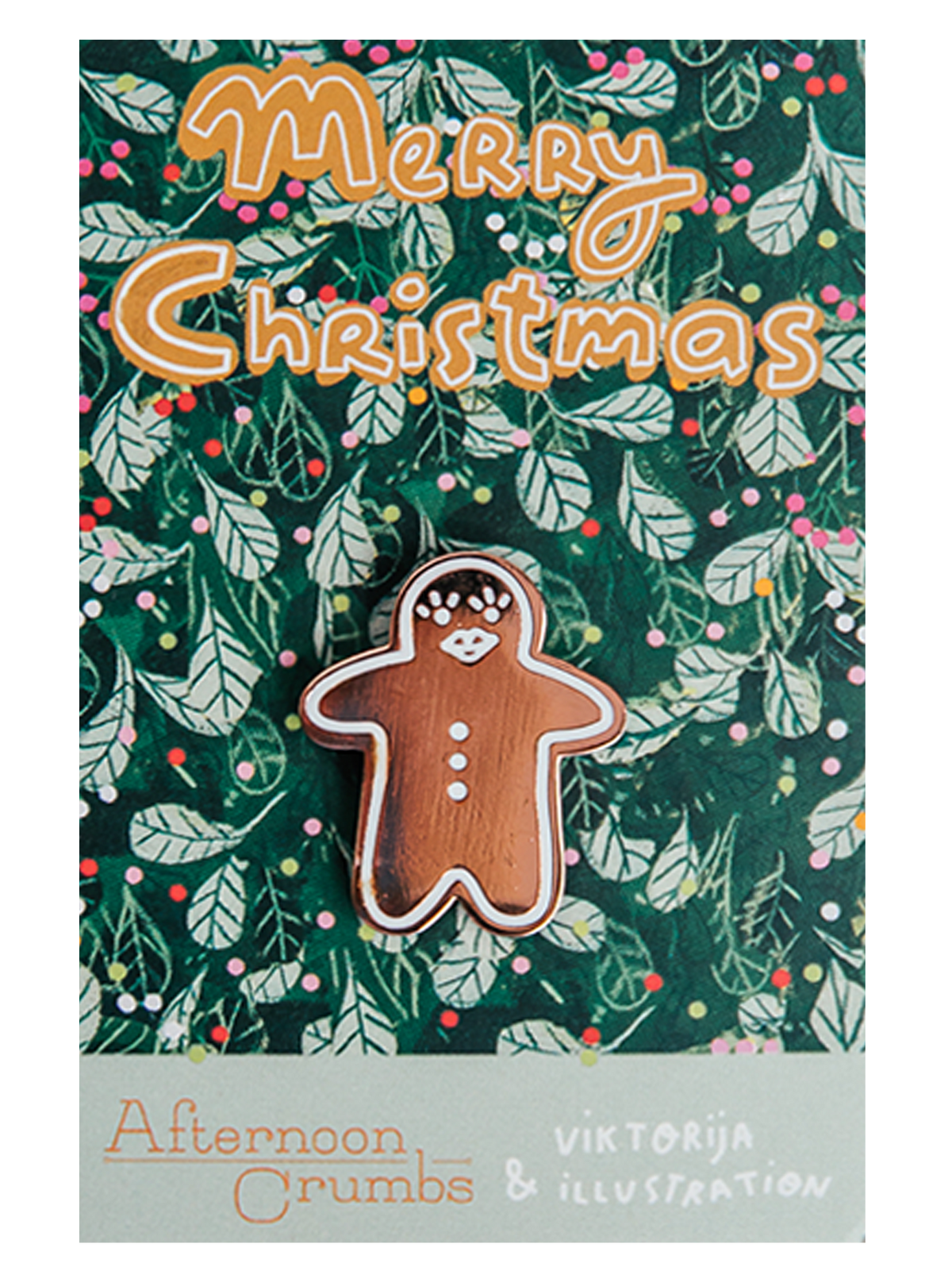 Gingerbread Person Enamel Pin on Illustrated Backer with Merry Christmas Text