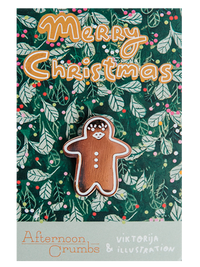 Gingerbread Person Enamel Pin on Illustrated Backer with Merry Christmas Text