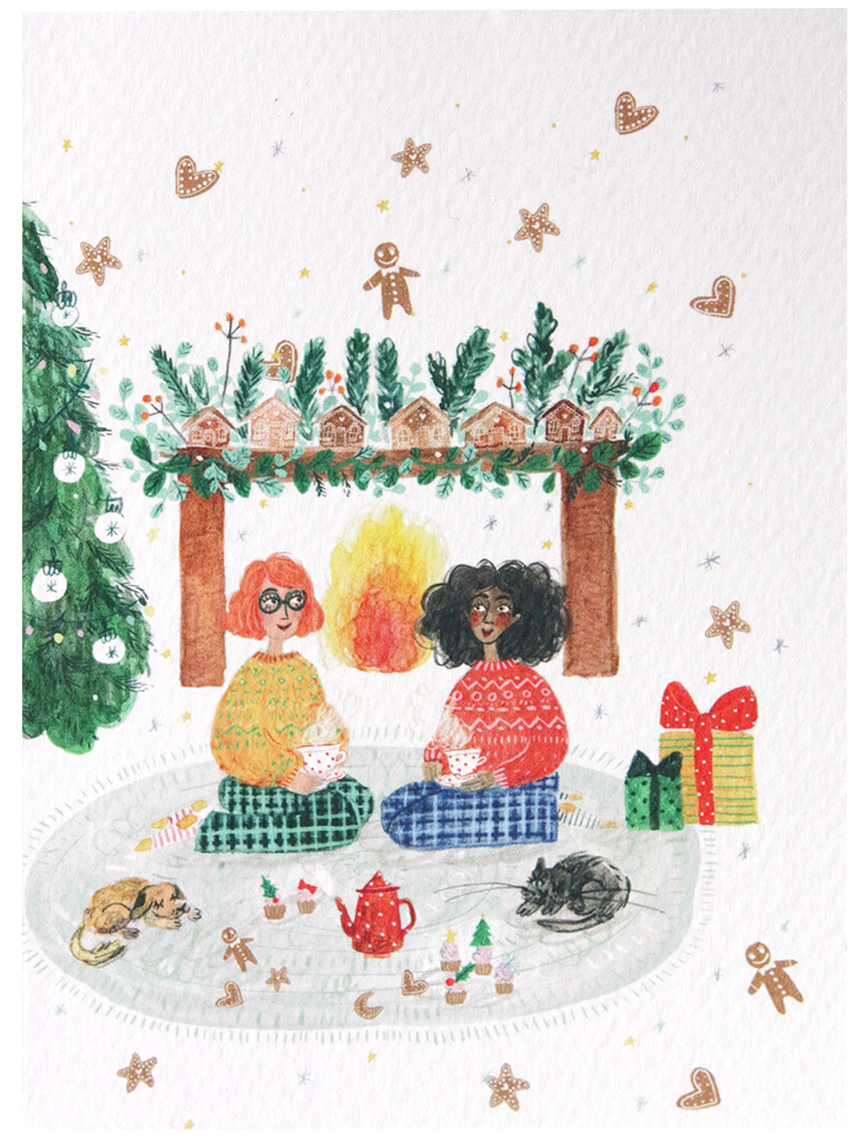 Girls by Fireplace Illustrated Christmas Card 