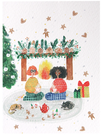Girls by Fireplace Illustrated Christmas Card 