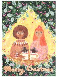 Girls with Gingerbread Mugs Illustrated Christmas Card