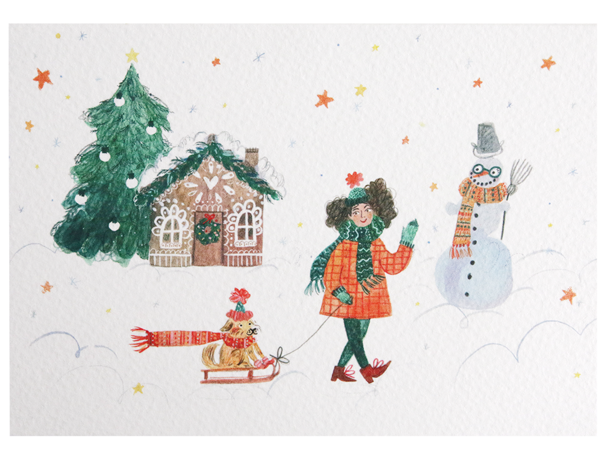 Girl with Dog & Snowman Illustrated Christmas Card