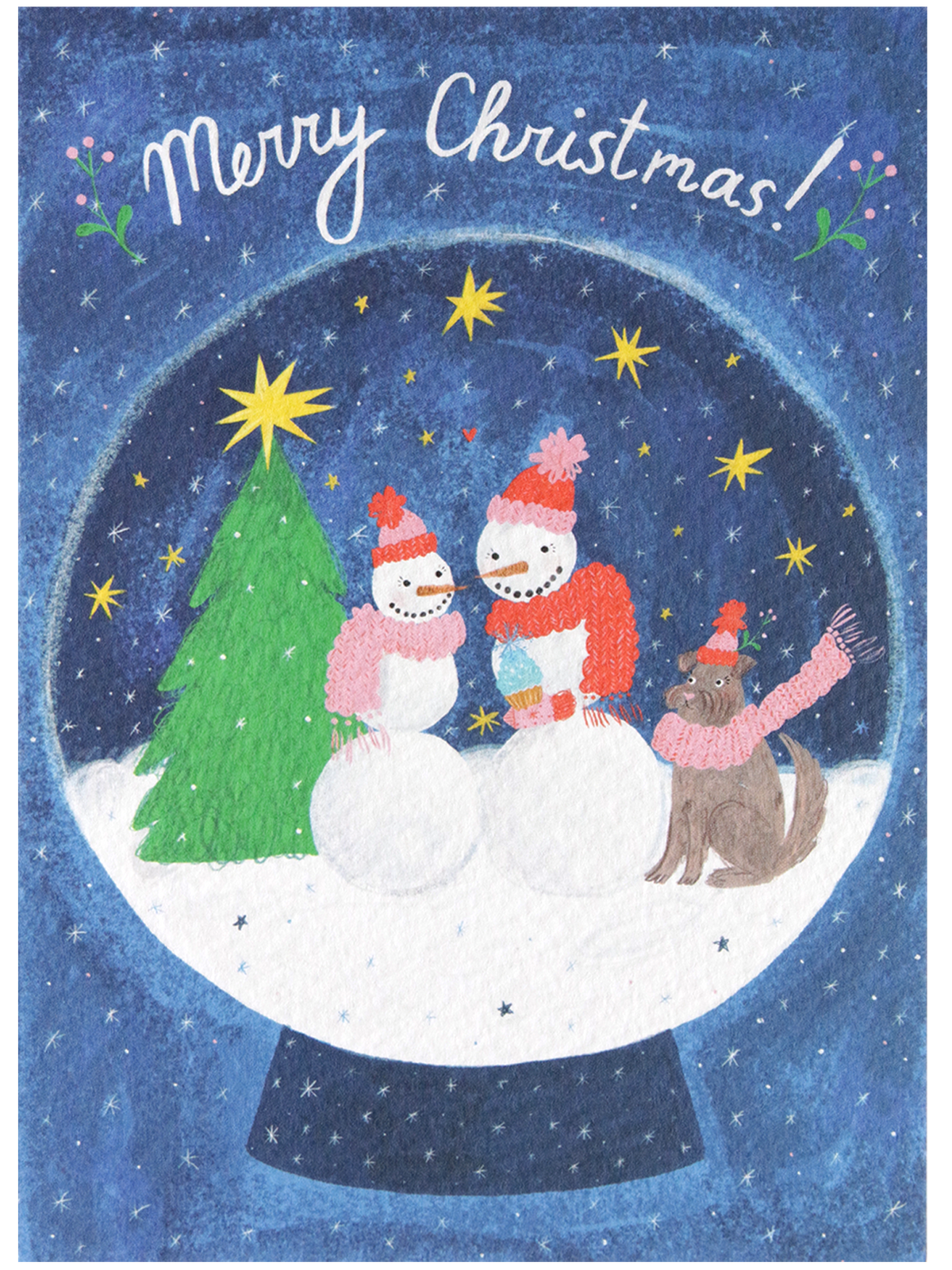 Illustrated Snowpeople Christmas Card with Blue Snowglobe Background