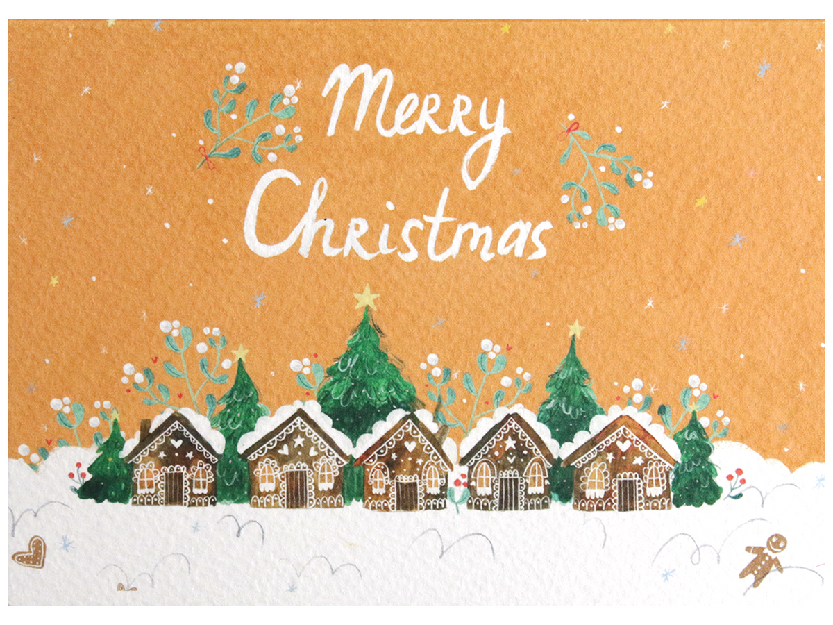 Merry Christmas Gingerbread Houses Illustrated Card with Orange Background