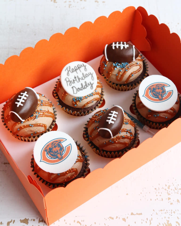 Box of Chicago Bears NFL American Football Cupcakes with Balls and Logos